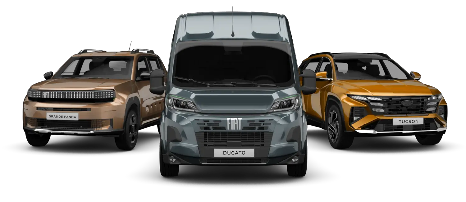 Frontansicht von drei Fahrzeugen nebeneinander: links ein bronzefarbener Fiat Grande Panda, in der Mitte ein grauer Fiat Ducato-Transporter, rechts ein goldener SUV mit der Aufschrift „TUCSON“.
